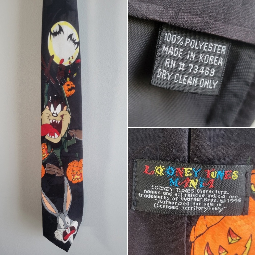 Vtg Looney Tunes Mania Halloween Tie Bugs Bunny Tasmanian Devil Pumpkins 1995